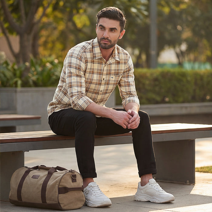 Full Sleeves Slim Fit Cream Oxford Checks Shirt