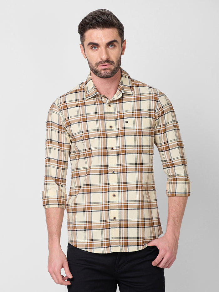 Full Sleeves Slim Fit Cream Oxford Checks Shirt