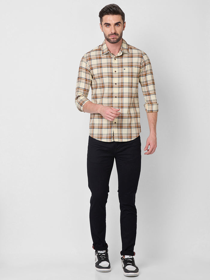 Full Sleeves Slim Fit Cream Oxford Checks Shirt