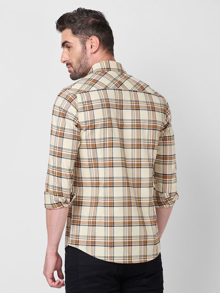 Full Sleeves Slim Fit Cream Oxford Checks Shirt
