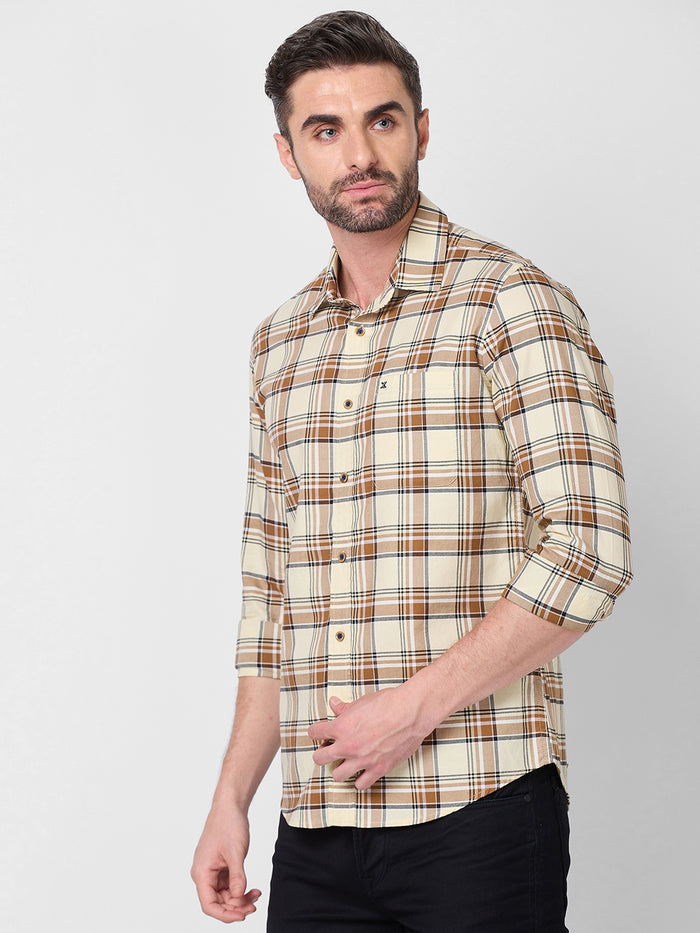 Full Sleeves Slim Fit Cream Oxford Checks Shirt