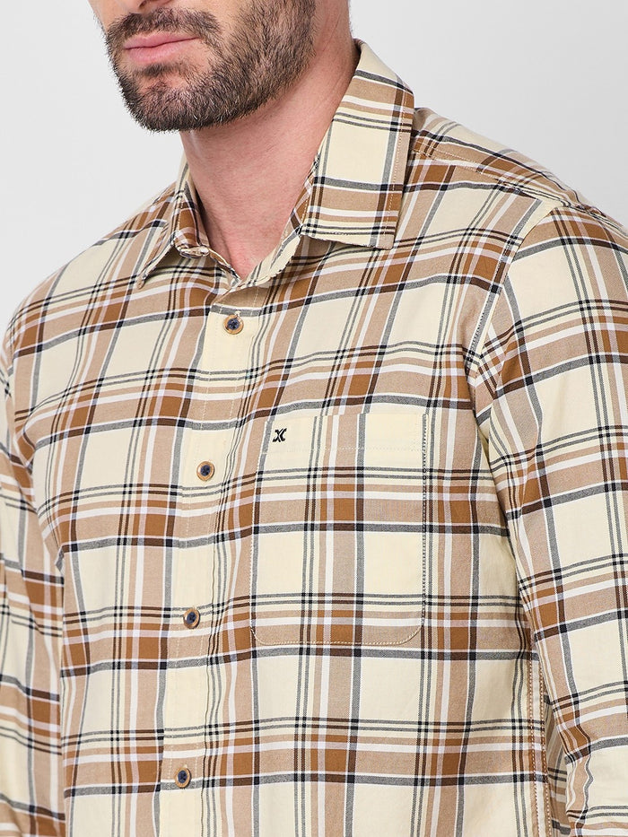 Full Sleeves Slim Fit Cream Oxford Checks Shirt