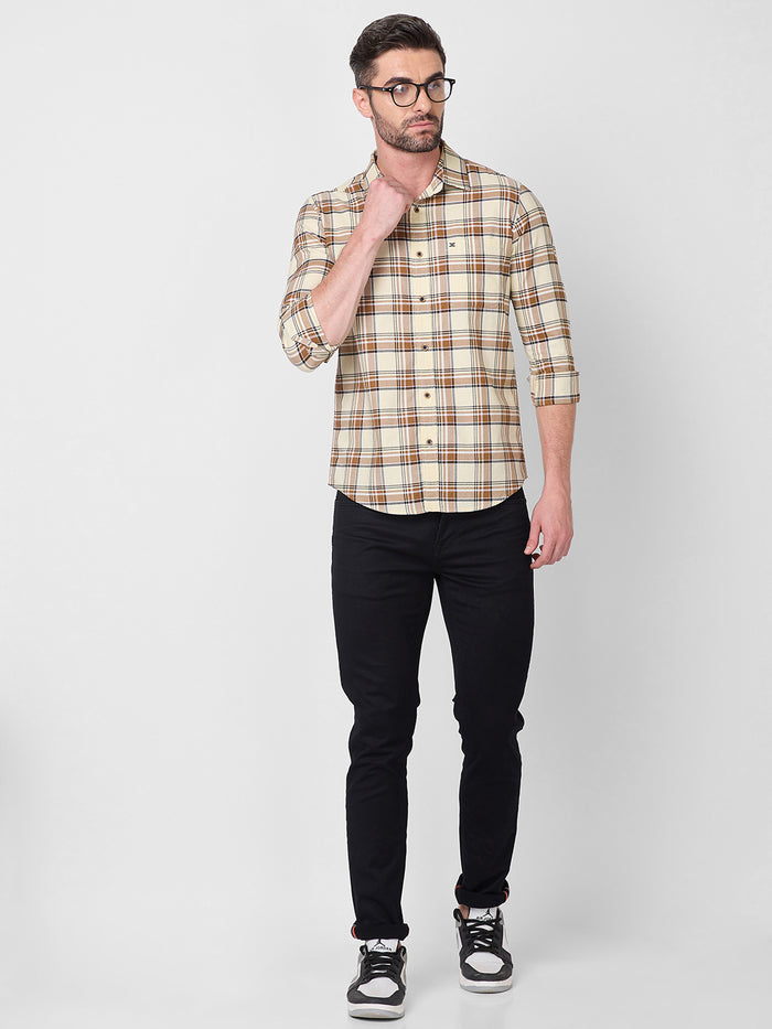 Full Sleeves Slim Fit Cream Oxford Checks Shirt