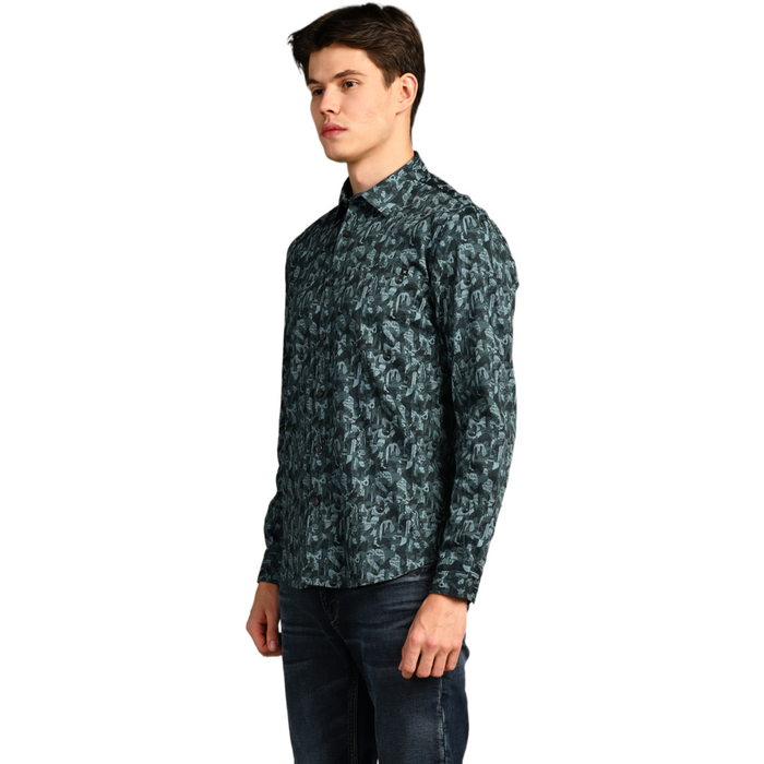 Full Sleeves Slim Fit Dark Green All-Over Small Camou Print Shirt