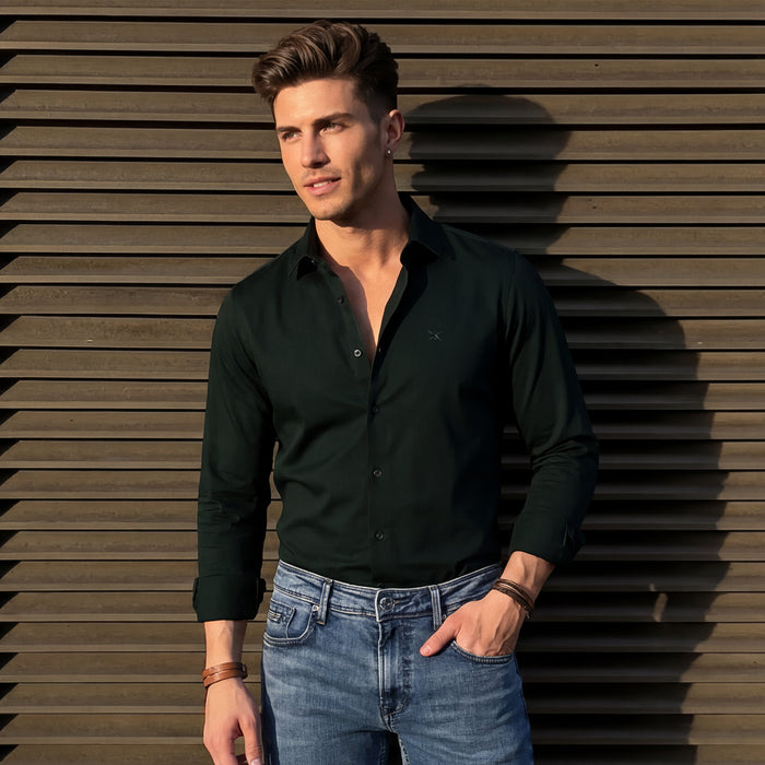 Full sleeves Slim Fit Dark Green Premium Satin Solid Shirt
