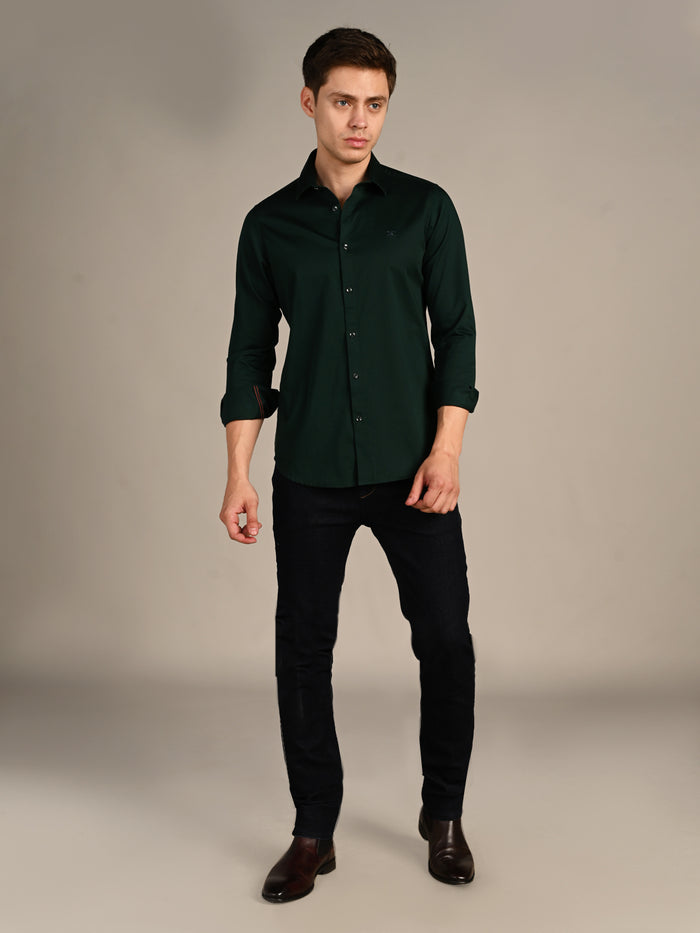 Full sleeves Slim Fit Dark Green Premium Satin Solid Shirt