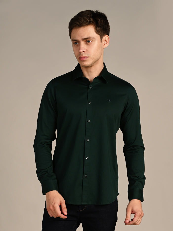 Full sleeves Slim Fit Dark Green Premium Satin Solid Shirt