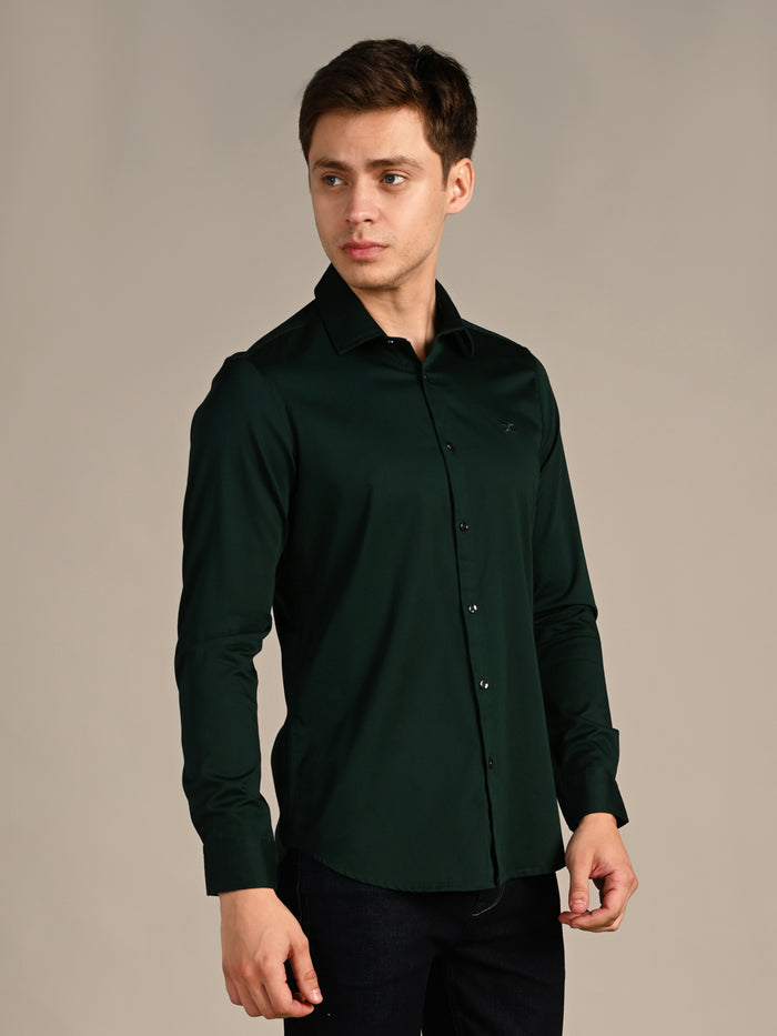Full sleeves Slim Fit Dark Green Premium Satin Solid Shirt