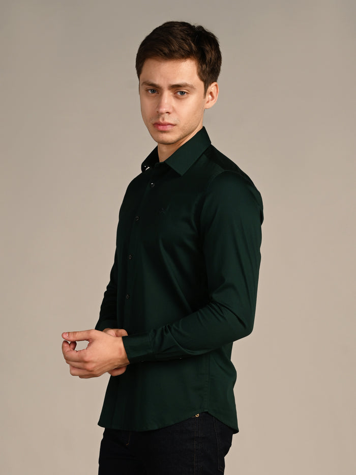 Full sleeves Slim Fit Dark Green Premium Satin Solid Shirt