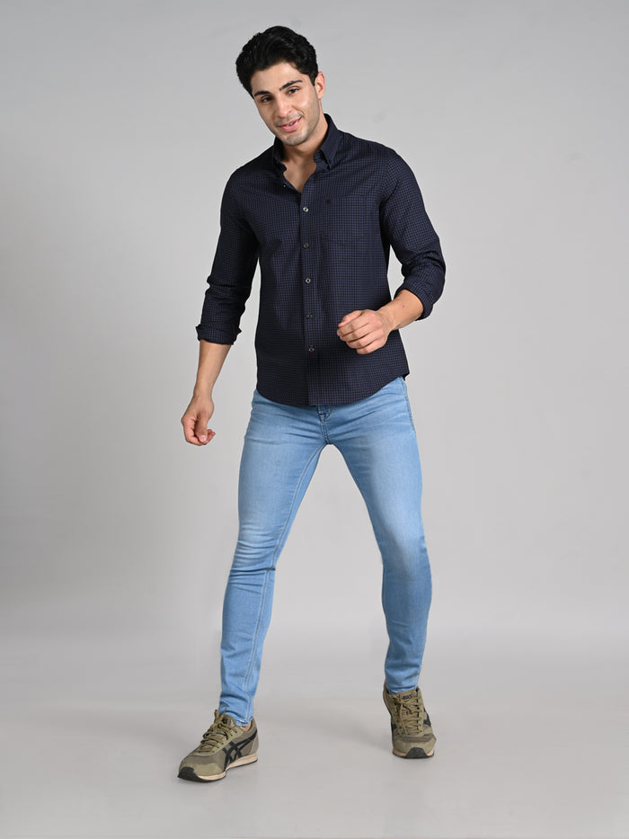 Full Sleeves Slim Fit Dark Grey Button-Down Gingham Checks Shirt