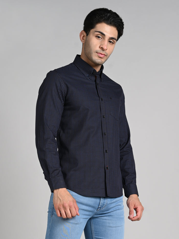 Full Sleeves Slim Fit Dark Grey Button-Down Gingham Checks Shirt
