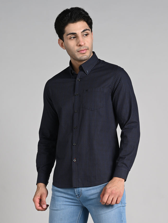 Full Sleeves Slim Fit Dark Grey Button-Down Gingham Checks Shirt