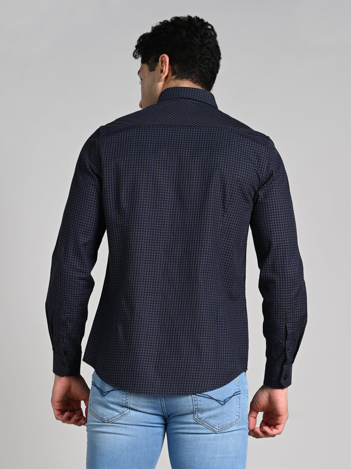Full Sleeves Slim Fit Dark Grey Button-Down Gingham Checks Shirt