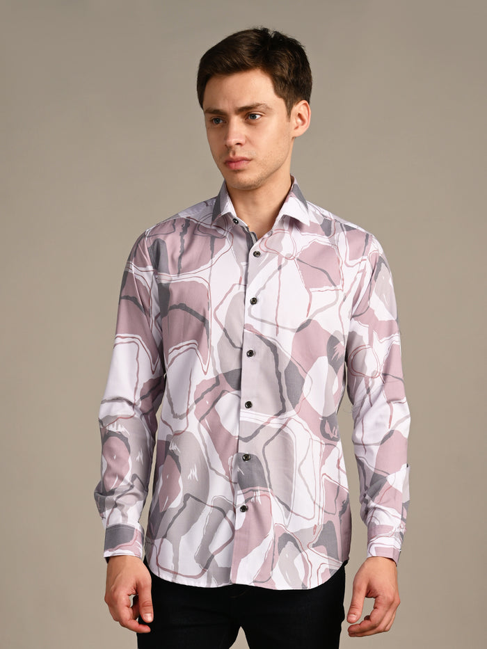 Full Sleeves Slim Fit Dull Pink All-Over Big Abstract Print Shirt