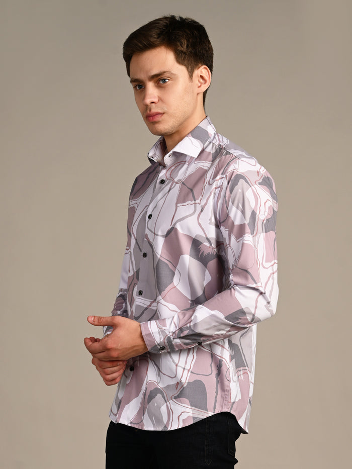 Full Sleeves Slim Fit Dull Pink All-Over Big Abstract Print Shirt