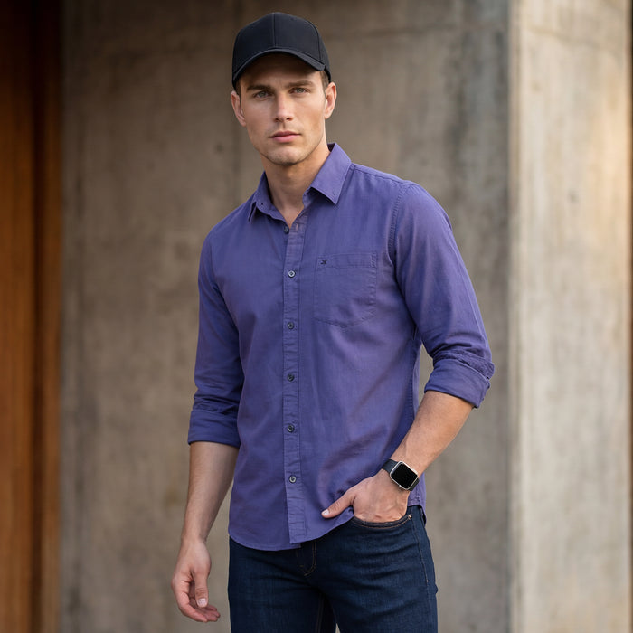 Full Sleeves Slim Fit Dusty Lavender Dobby Structure Button-Down Solid Shirt