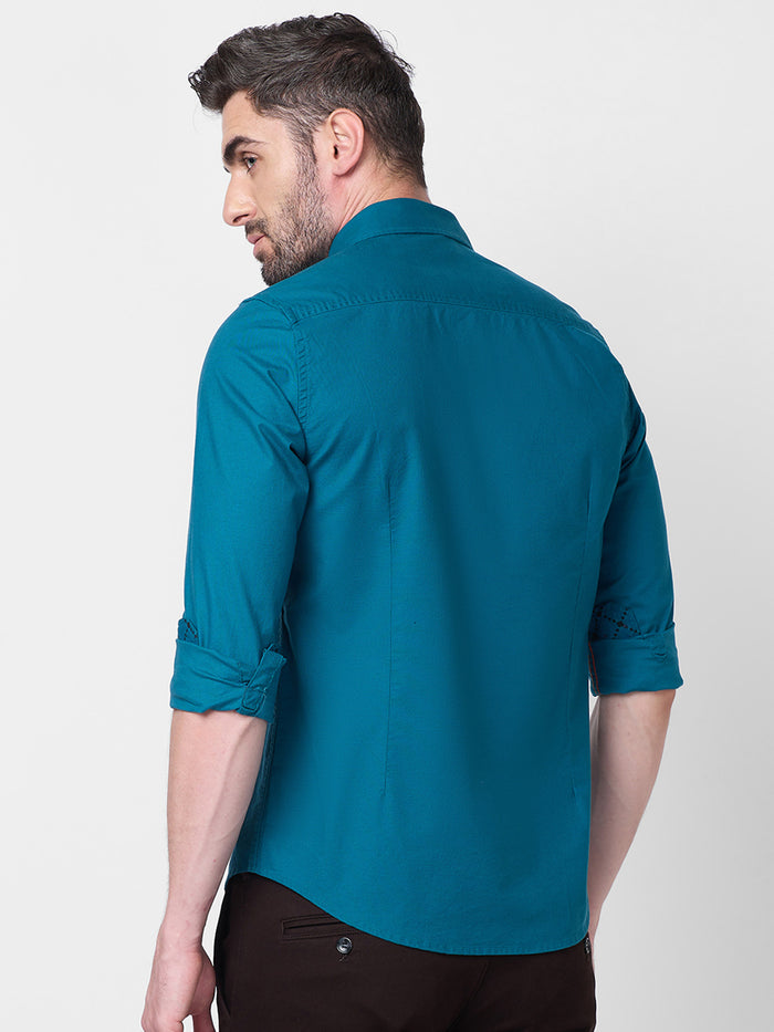 Full Sleeves Slim Fit Emerald Blue Button-Down Oxford Solid Shirt