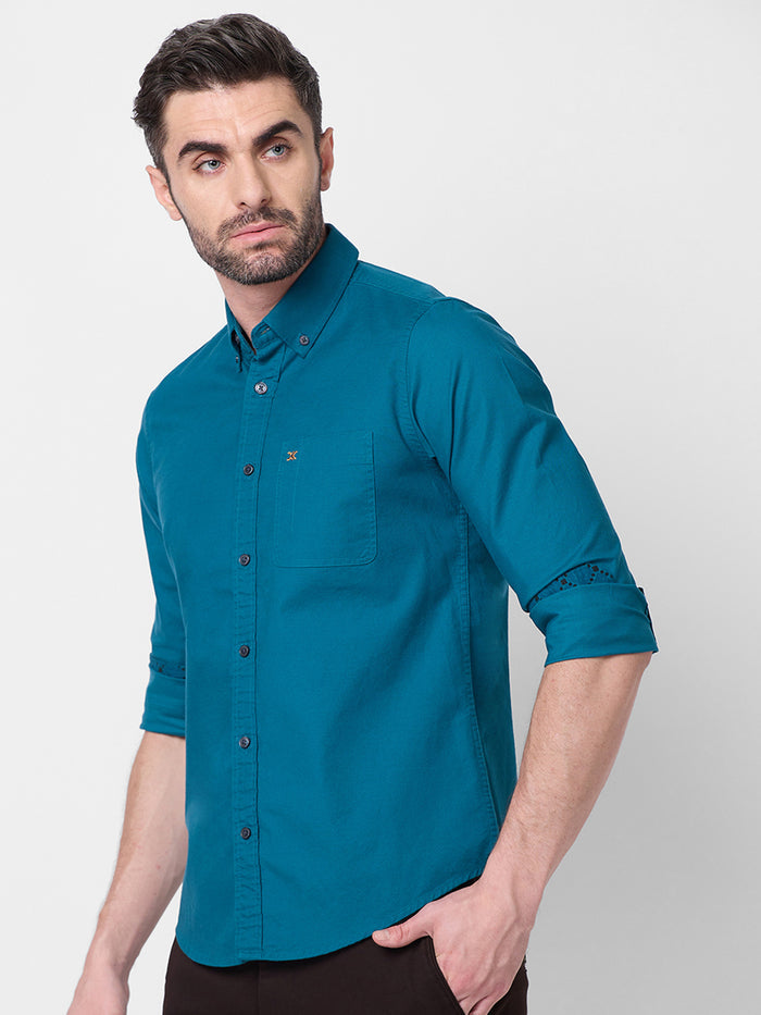 Full Sleeves Slim Fit Emerald Blue Button-Down Oxford Solid Shirt