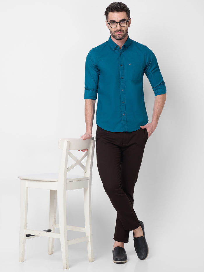 Full Sleeves Slim Fit Emerald Blue Button-Down Oxford Solid Shirt