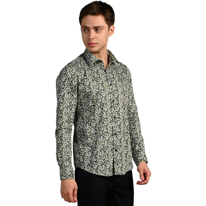 Full Sleeves Slim Fit Green All-Over Abstract Floral Dobby Structure Print Shirt