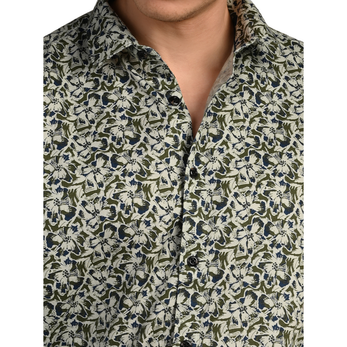 Full Sleeves Slim Fit Green All-Over Abstract Floral Dobby Structure Print Shirt