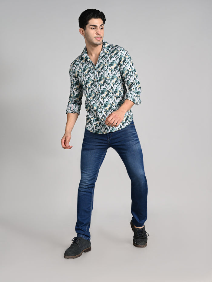 Full sleeves Slim Fit Green All-Over Camou Waffle Dobby Print Shirt