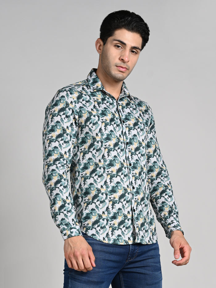 Full sleeves Slim Fit Green All-Over Camou Waffle Dobby Print Shirt