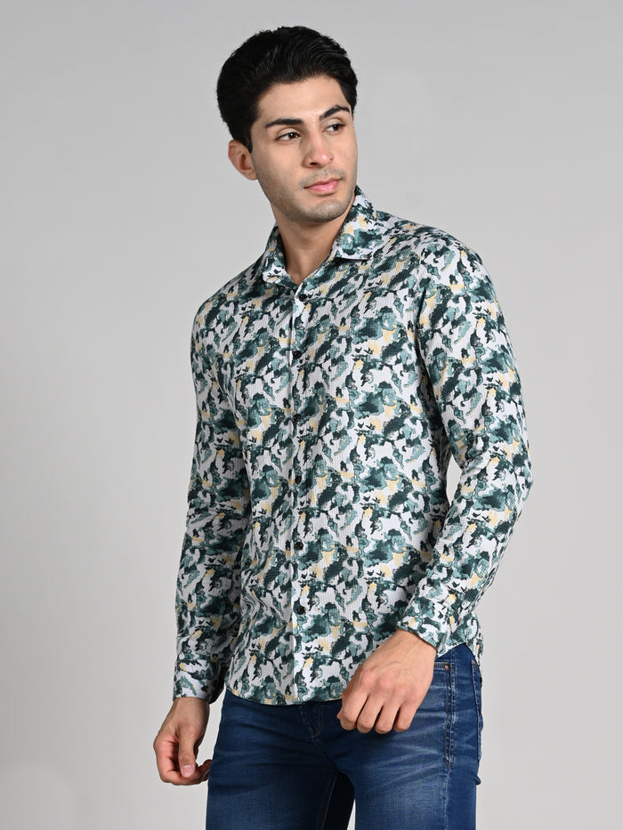 Full sleeves Slim Fit Green All-Over Camou Waffle Dobby Print Shirt