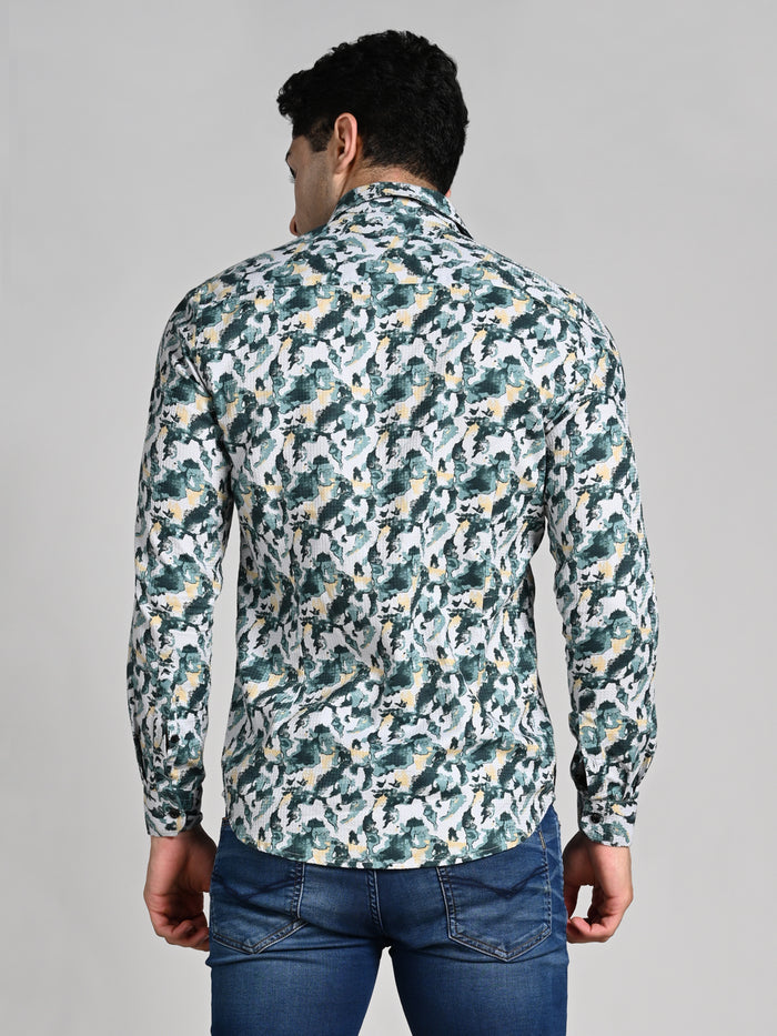 Full sleeves Slim Fit Green All-Over Camou Waffle Dobby Print Shirt