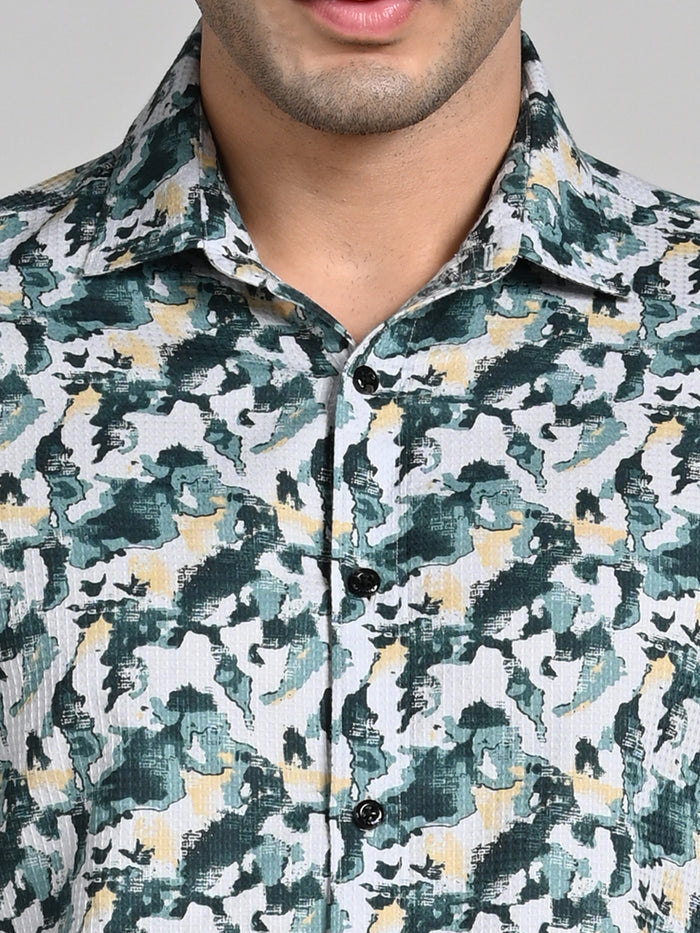 Full sleeves Slim Fit Green All-Over Camou Waffle Dobby Print Shirt