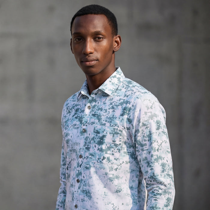 Full Sleeves Slim Fit Green All Over Digital Camou Print Knit Shirt