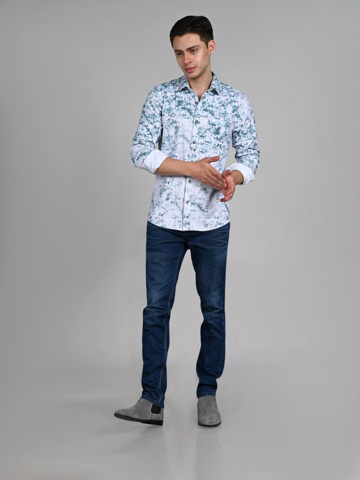Full Sleeves Slim Fit Green All Over Digital Camou Print Knit Shirt