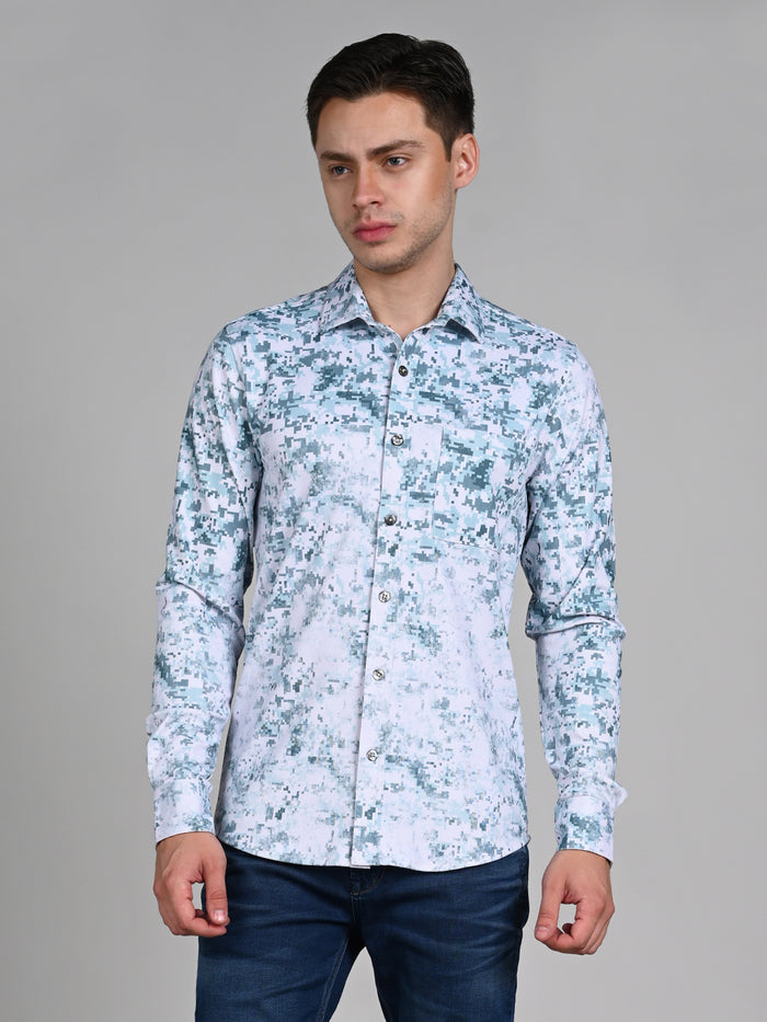 Full Sleeves Slim Fit Green All Over Digital Camou Print Knit Shirt