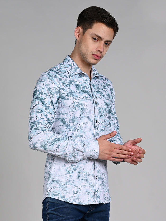 Full Sleeves Slim Fit Green All Over Digital Camou Print Knit Shirt