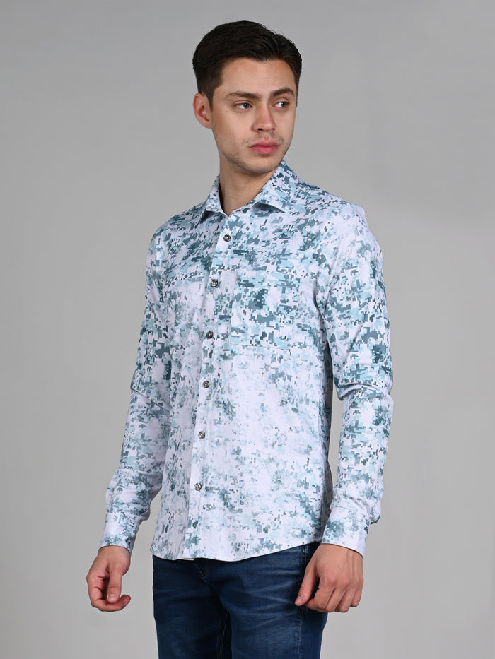 Full Sleeves Slim Fit Green All Over Digital Camou Print Knit Shirt