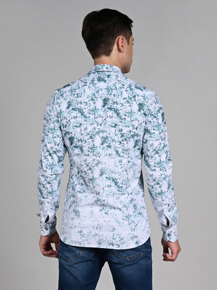 Full Sleeves Slim Fit Green All Over Digital Camou Print Knit Shirt