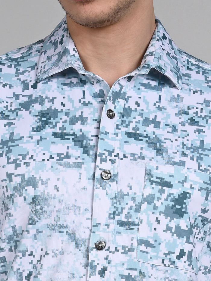 Full Sleeves Slim Fit Green All Over Digital Camou Print Knit Shirt