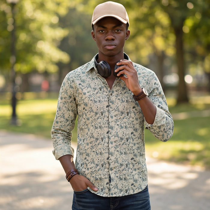 Full sleeves Slim Fit Green All-Over Distressed  Botanical Dobby Print Shirt