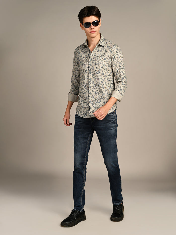 Full sleeves Slim Fit Green All-Over Distressed  Botanical Dobby Print Shirt