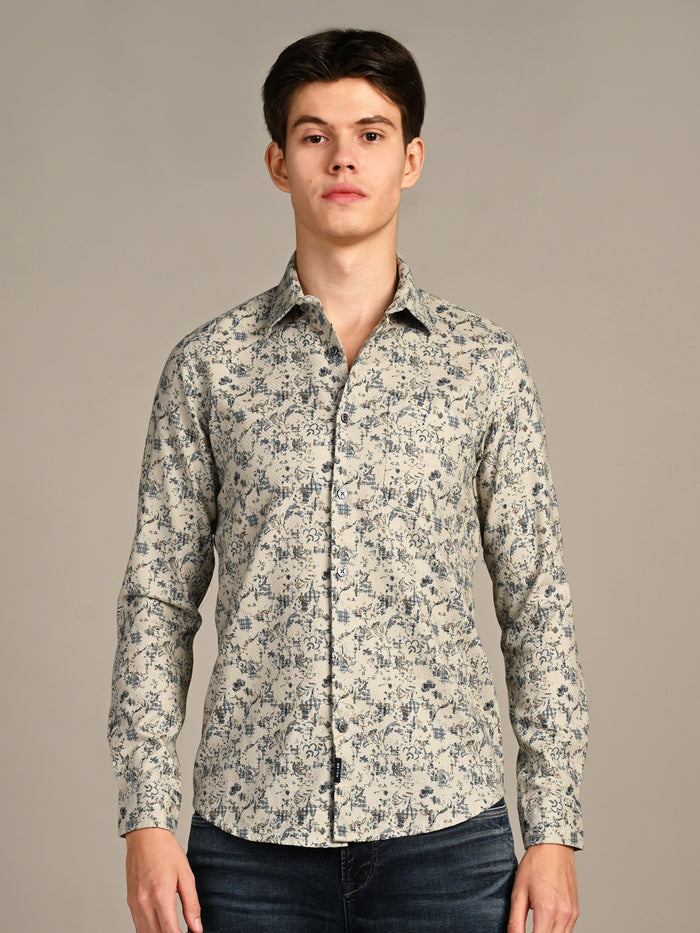 Full sleeves Slim Fit Green All-Over Distressed  Botanical Dobby Print Shirt