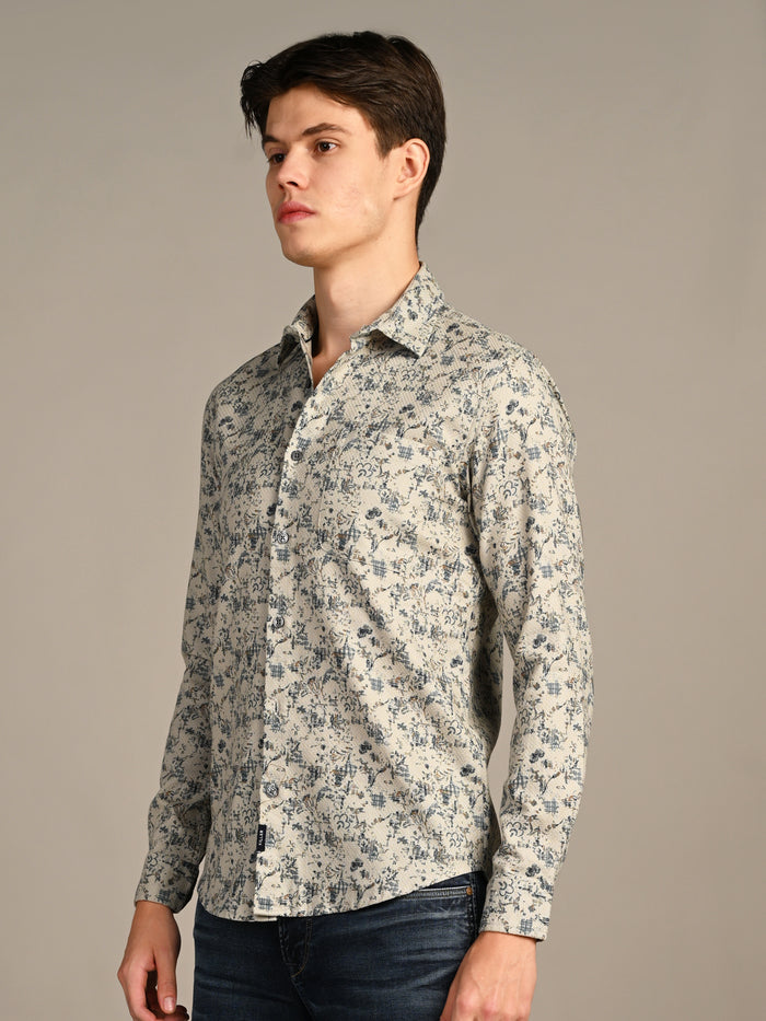 Full sleeves Slim Fit Green All-Over Distressed  Botanical Dobby Print Shirt