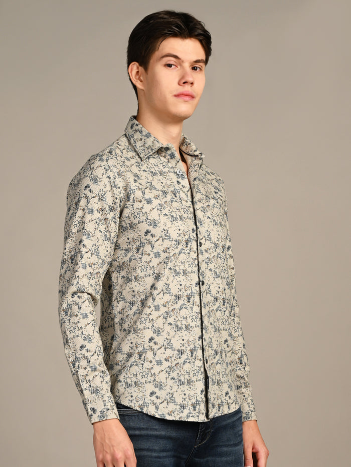 Full sleeves Slim Fit Green All-Over Distressed  Botanical Dobby Print Shirt