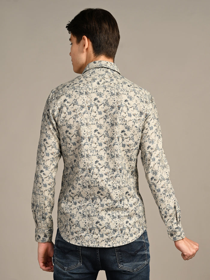 Full sleeves Slim Fit Green All-Over Distressed  Botanical Dobby Print Shirt