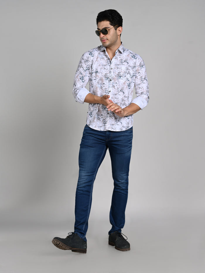 Full Sleeves Slim Fit Green All-Over Grunge Floral Print Shirt