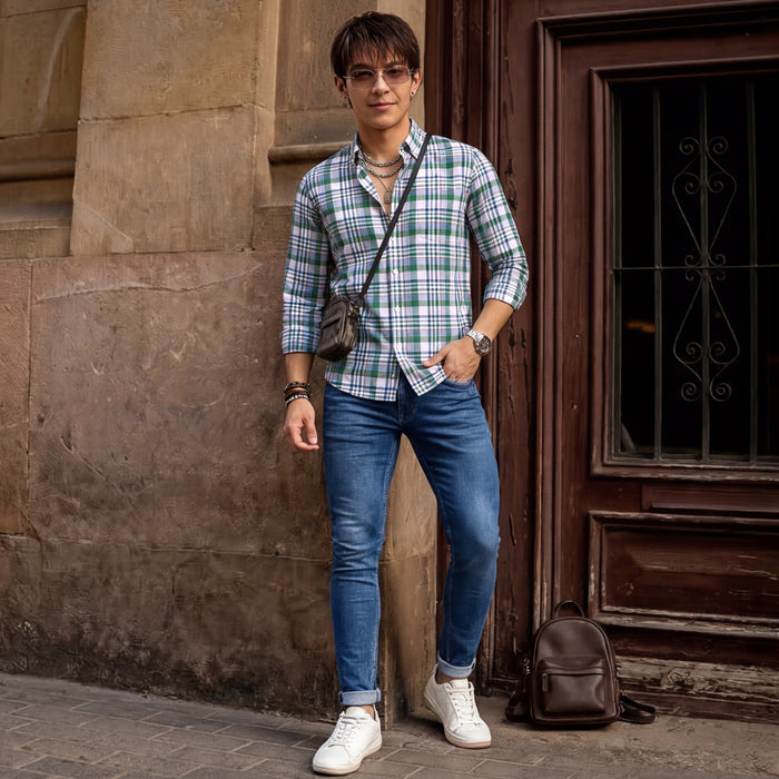 Full Sleeves Slim Fit Green Button-Down Oxford Checks Shirt