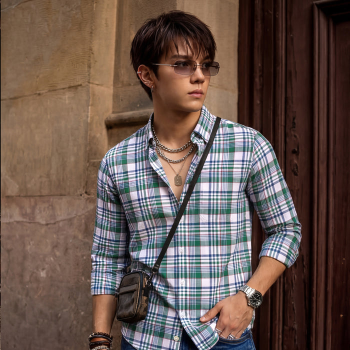 Full Sleeves Slim Fit Green Button-Down Oxford Checks Shirt