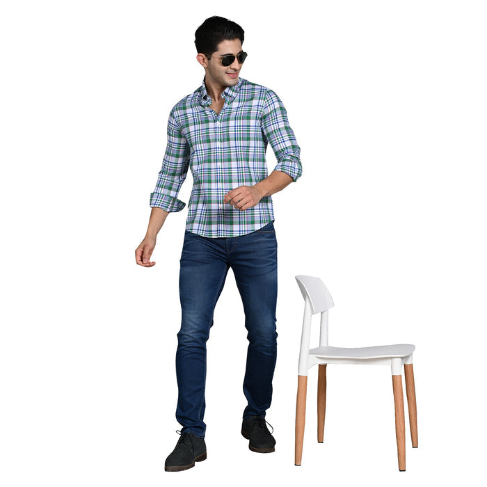 Full Sleeves Slim Fit Green Button-Down Oxford Checks Shirt