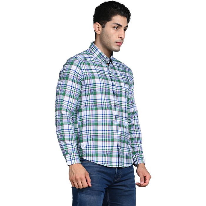 Full Sleeves Slim Fit Green Button-Down Oxford Checks Shirt