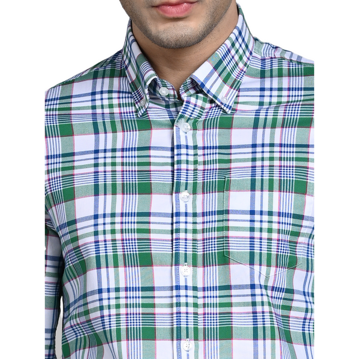 Full Sleeves Slim Fit Green Button-Down Oxford Checks Shirt