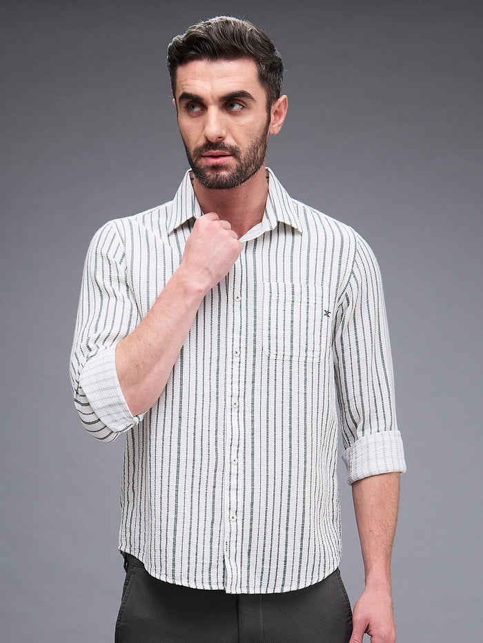 Full sleeves Slim Fit Green Dobby Structure Printed Stripe Shirt